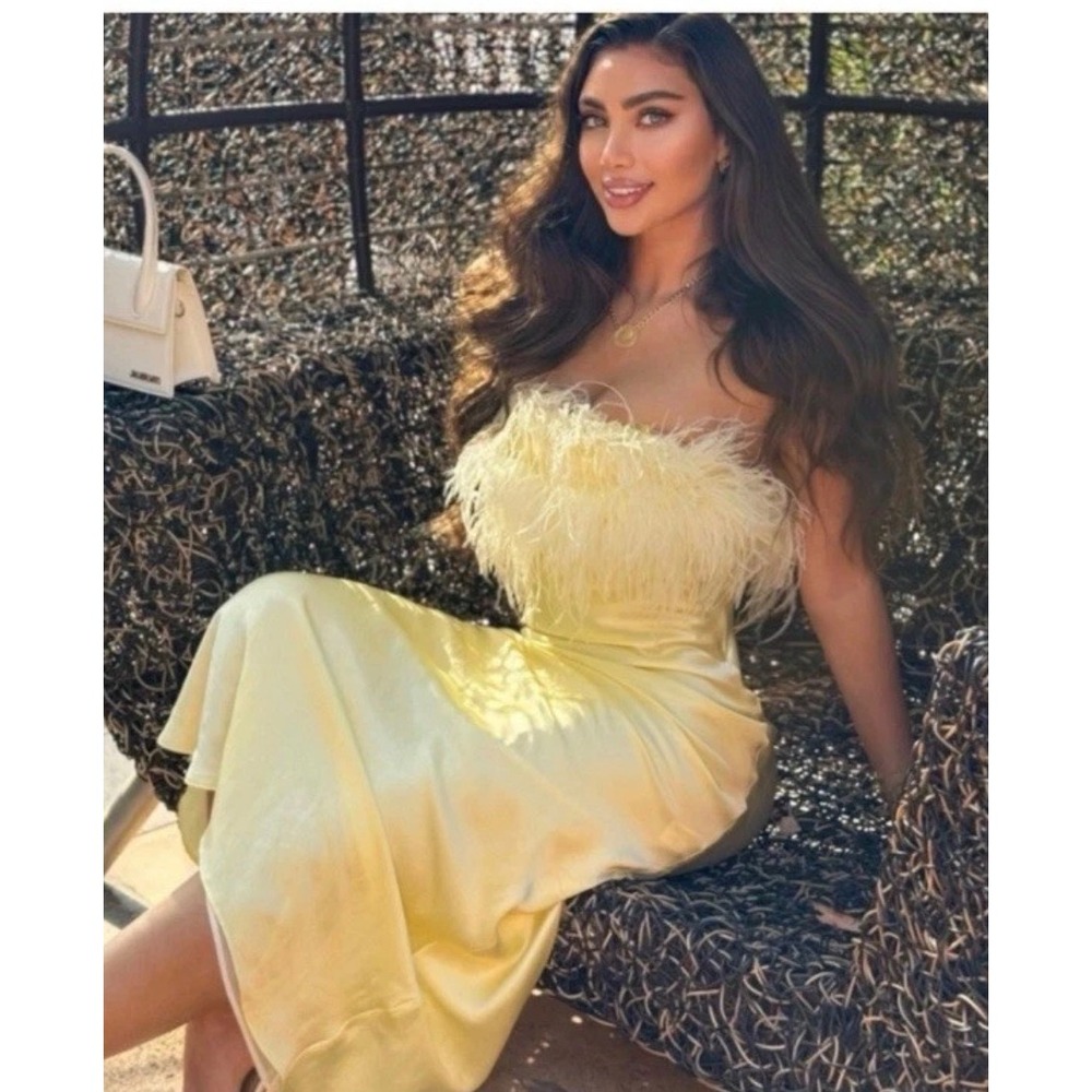 Zara Feather Trim Satin Midi Dress Medium Yellow Strapless Party wedding new - Picture 14 of 15